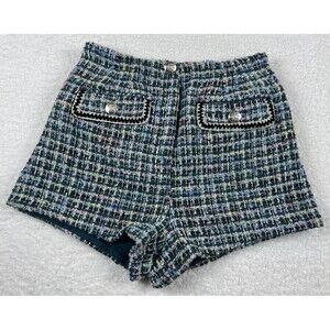 Lulus Shorts Womens XS Teal Tweed Wool Blend Preppy Retro High Waisted